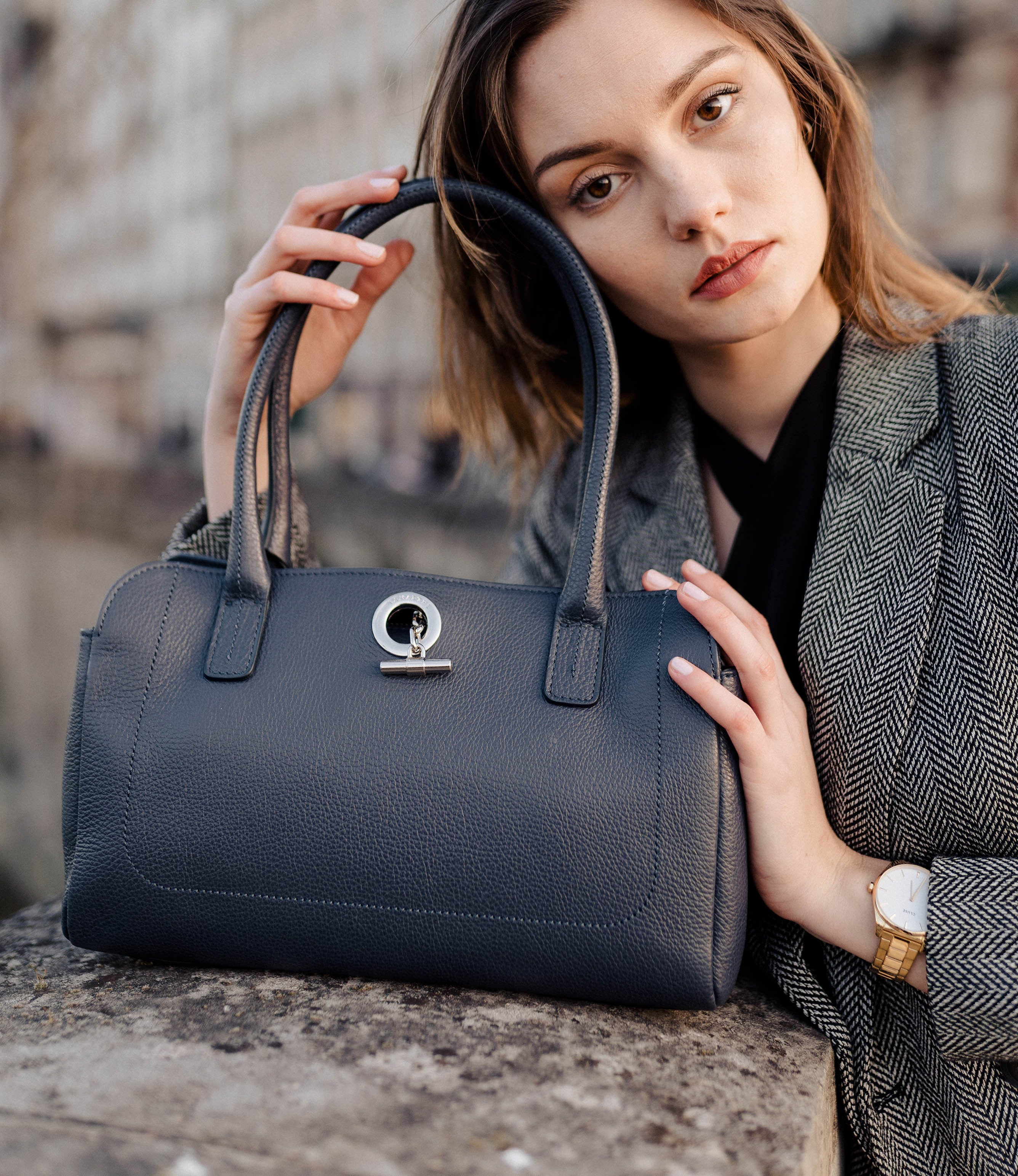 Lamarthe Paris Schultertasche Leder Navy Vollleder