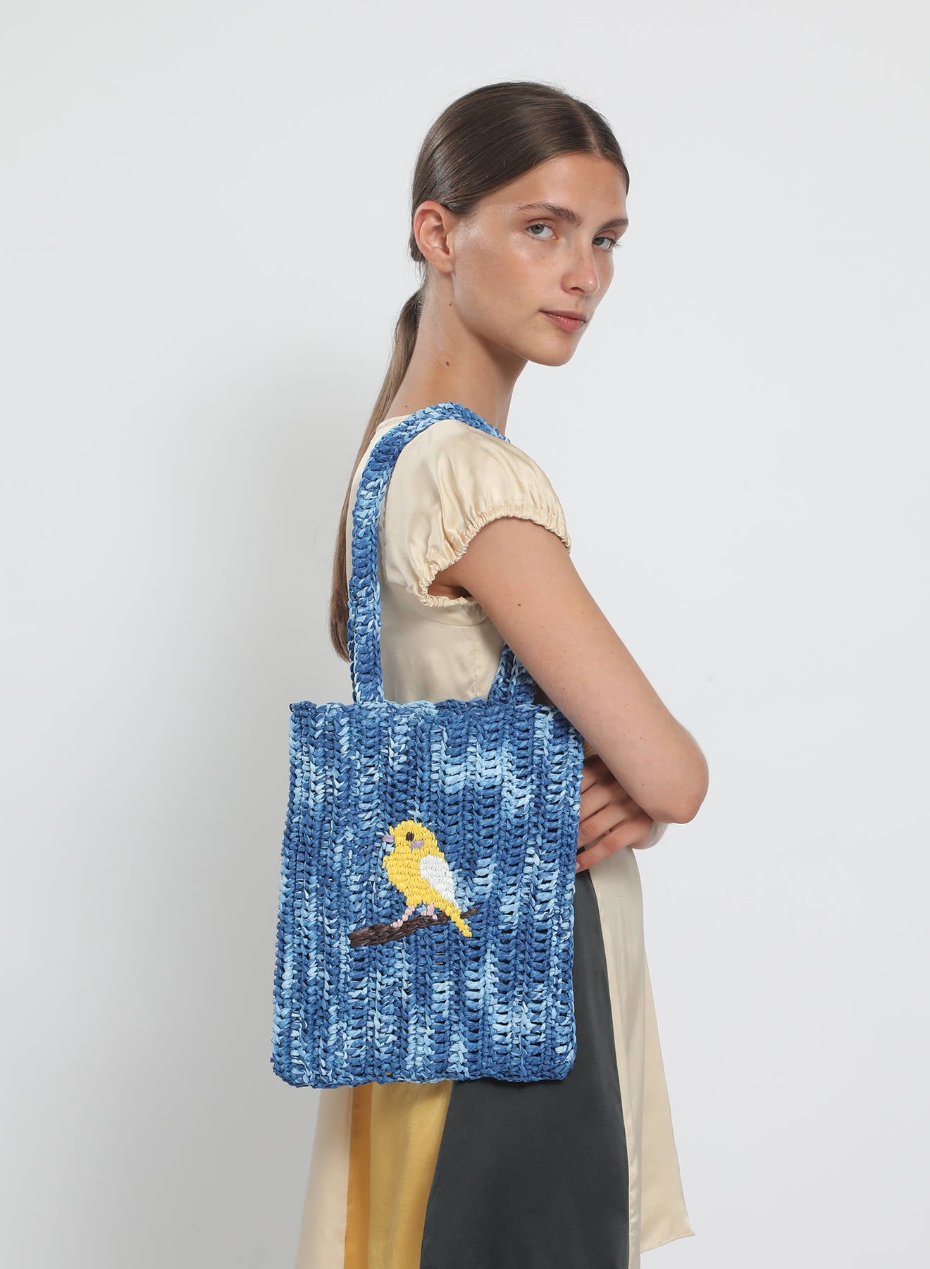 Maria la Rosa Little Bird Tote Jeansblau Raffia