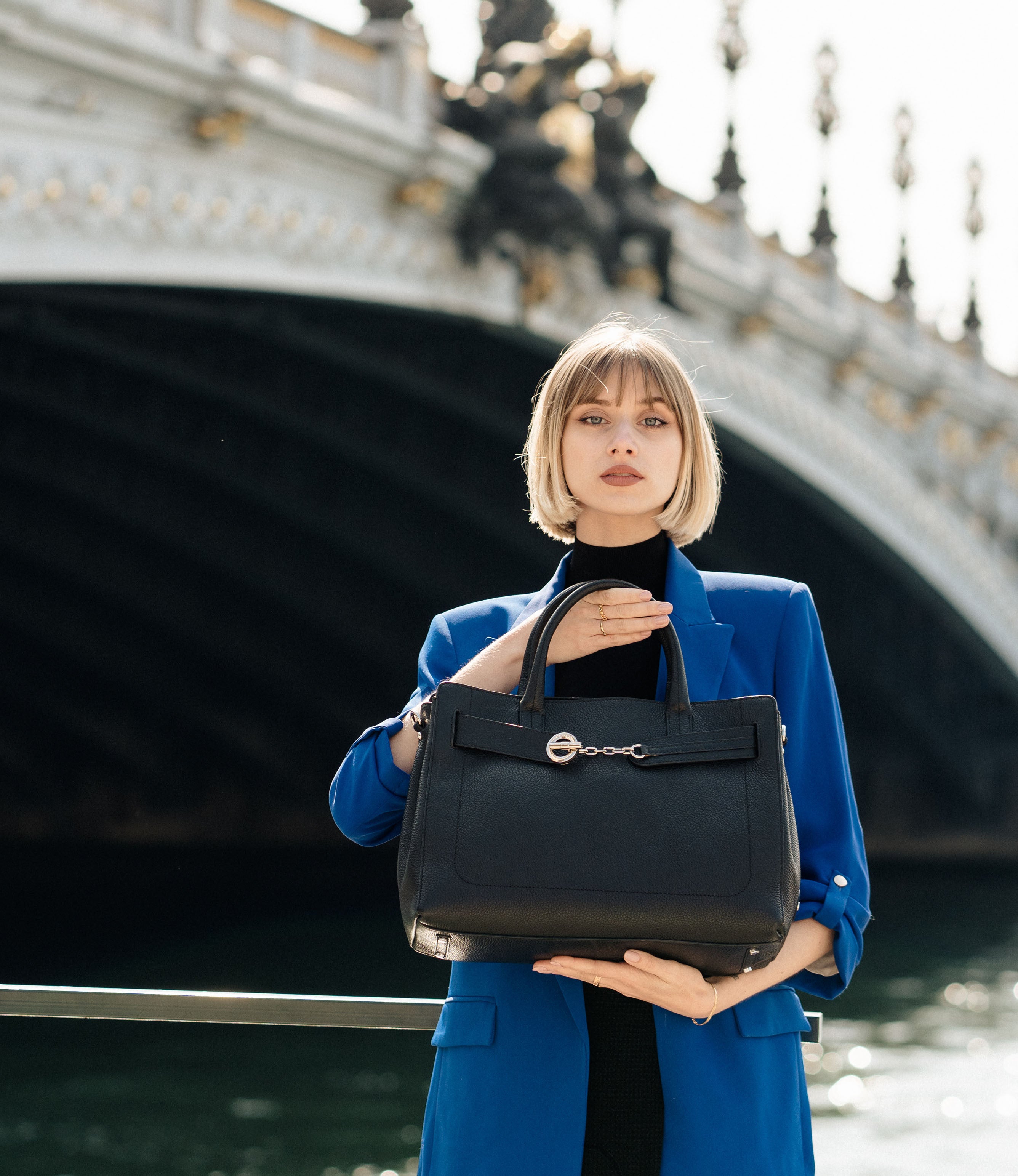 Lamarthe Paris Handtasche Schwarz Vollleder 38 cm