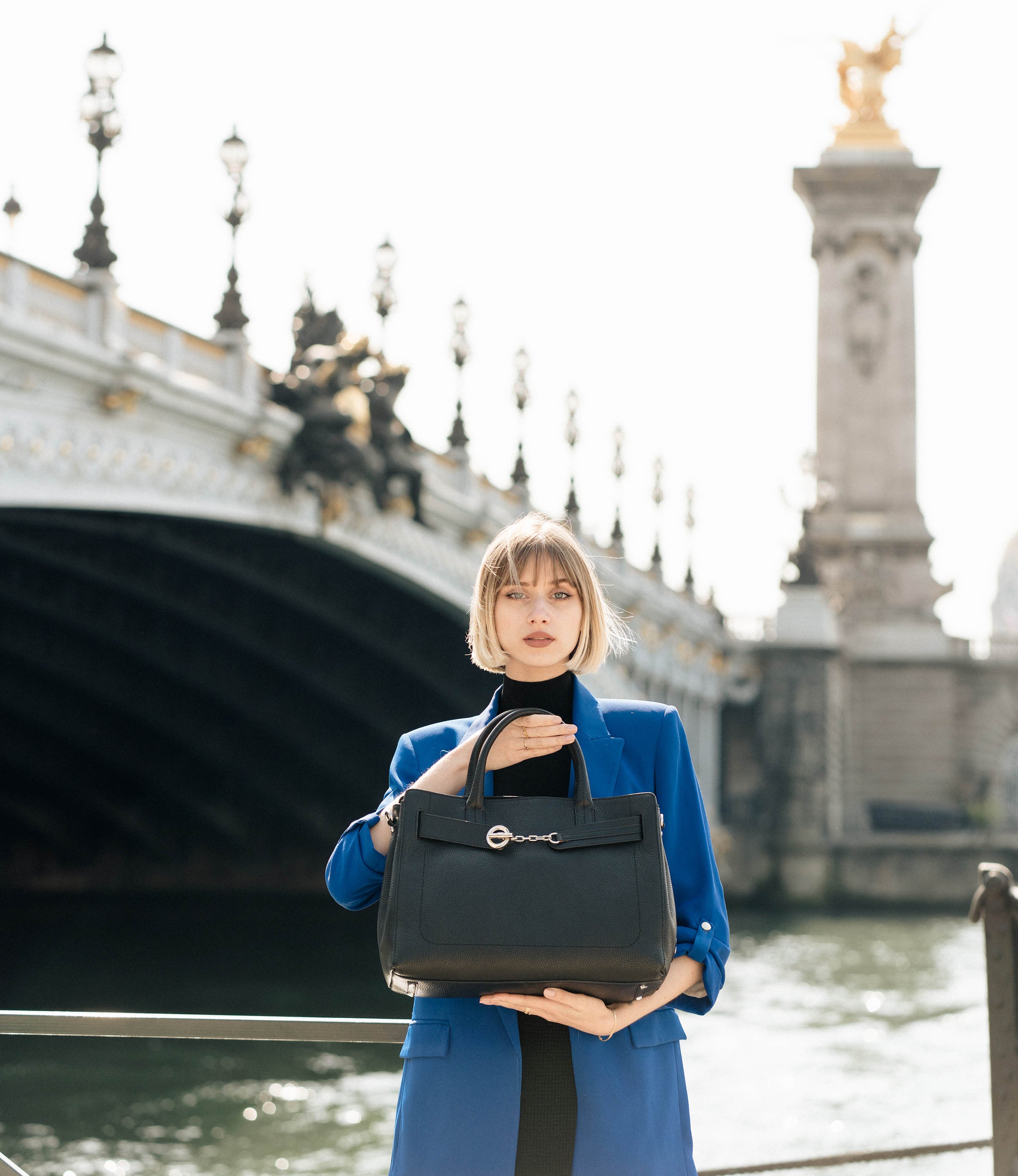 Lamarthe Paris Handtasche Schwarz Vollleder 38 cm