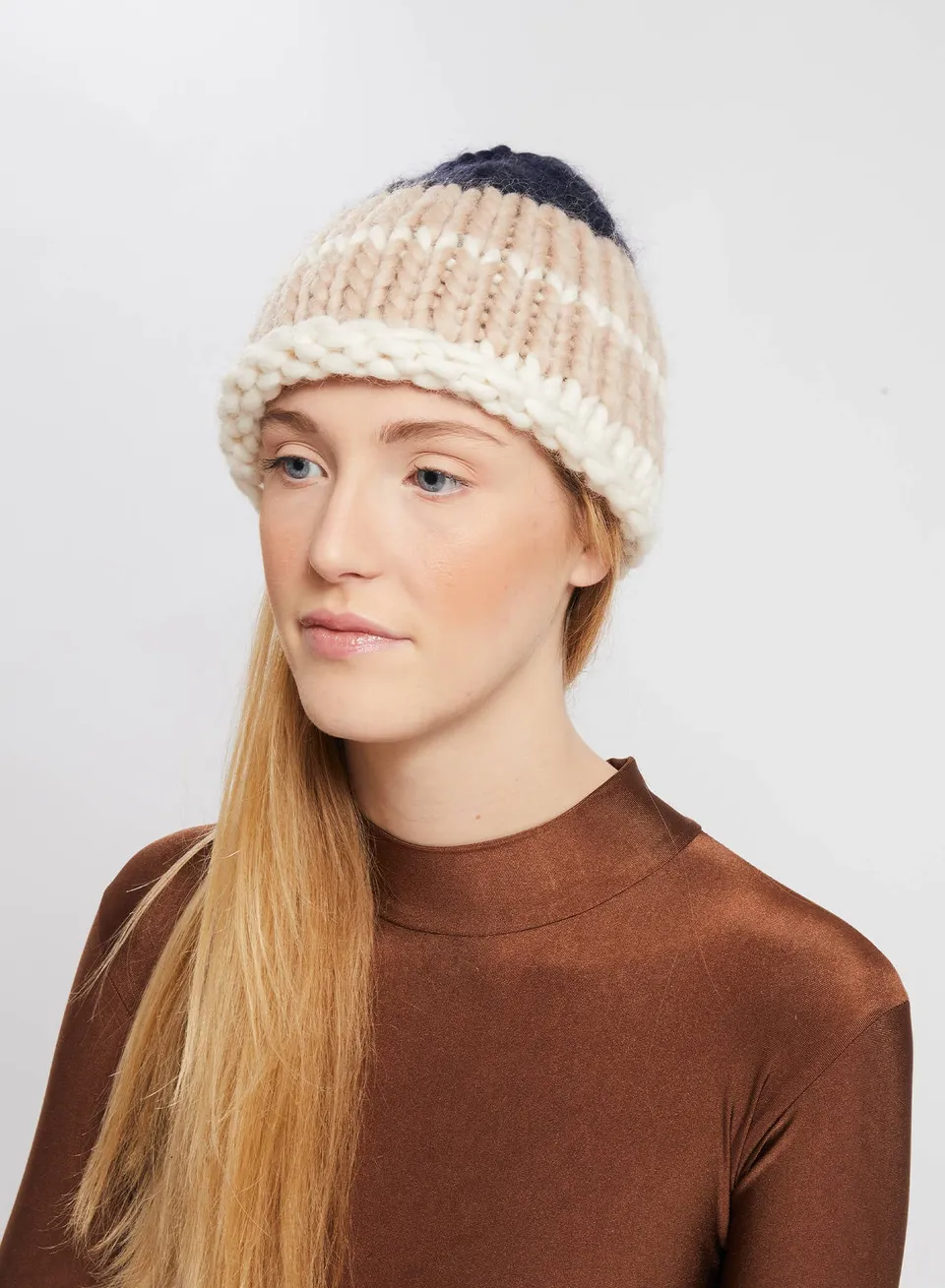 Maria la Rosa Beanie Stripe Mütze Wolle Natural