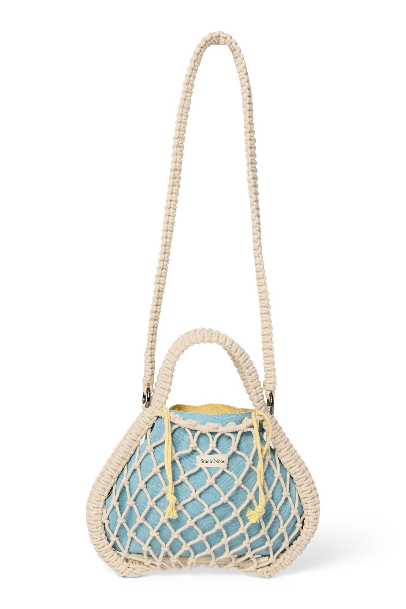 Studio Noos Macramé Mini Handtasche Natur Blau-Gelb Wende-Inlay