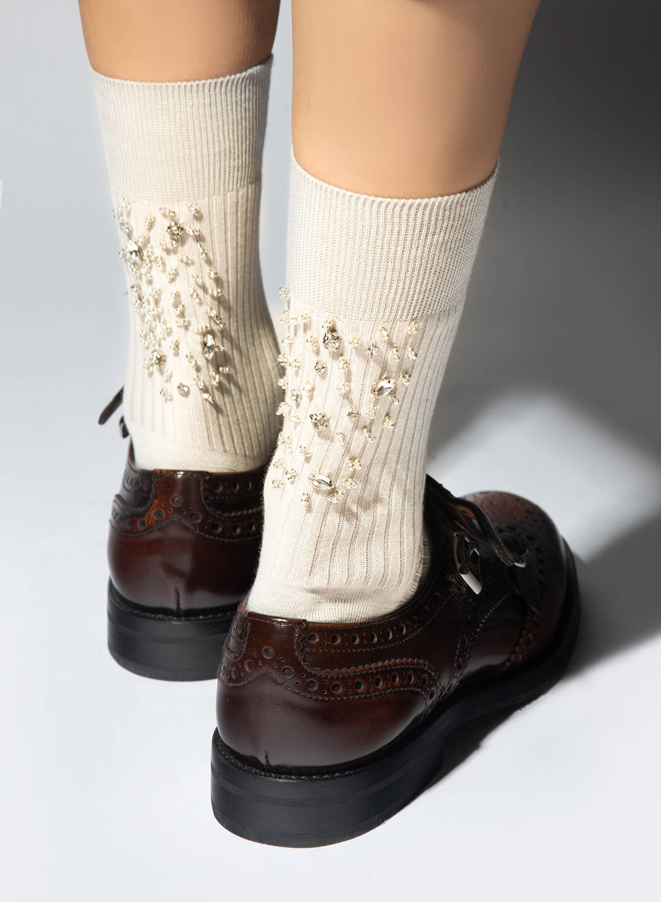 Maria la Rosa Luxury Socks Seidensocken Off White Strass