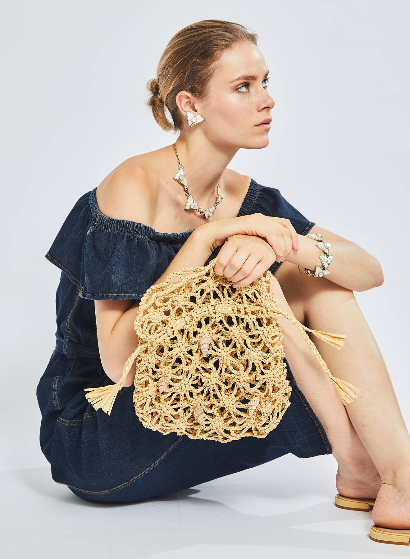 Maria la Rosa Raphia Trap Shell Beutel Natural Häkel