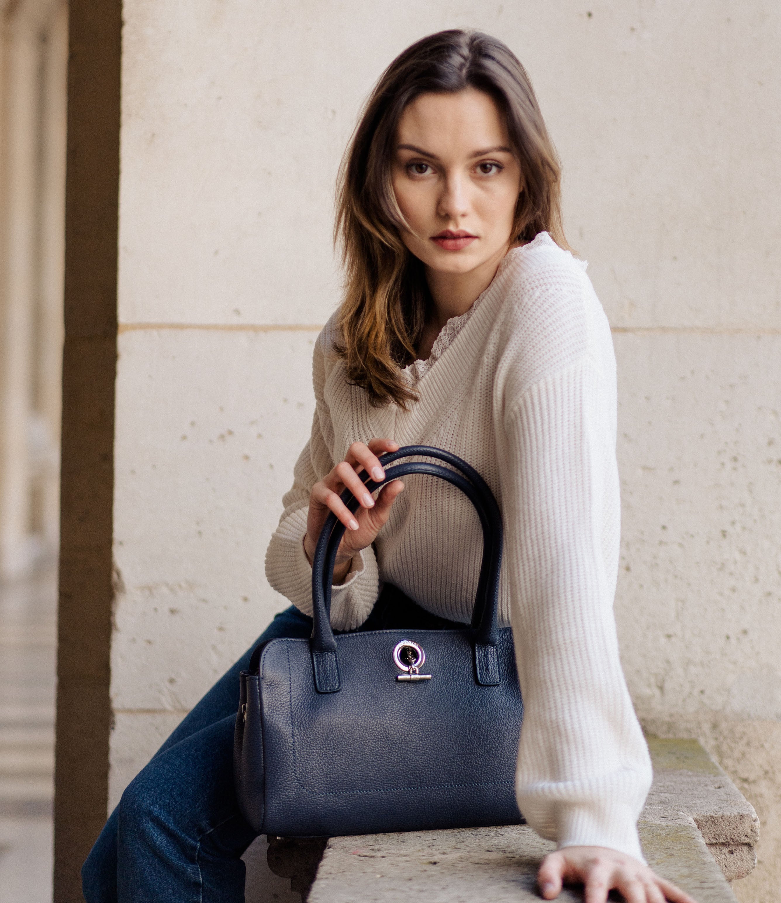 Lamarthe Paris Schultertasche Leder Navy Vollleder
