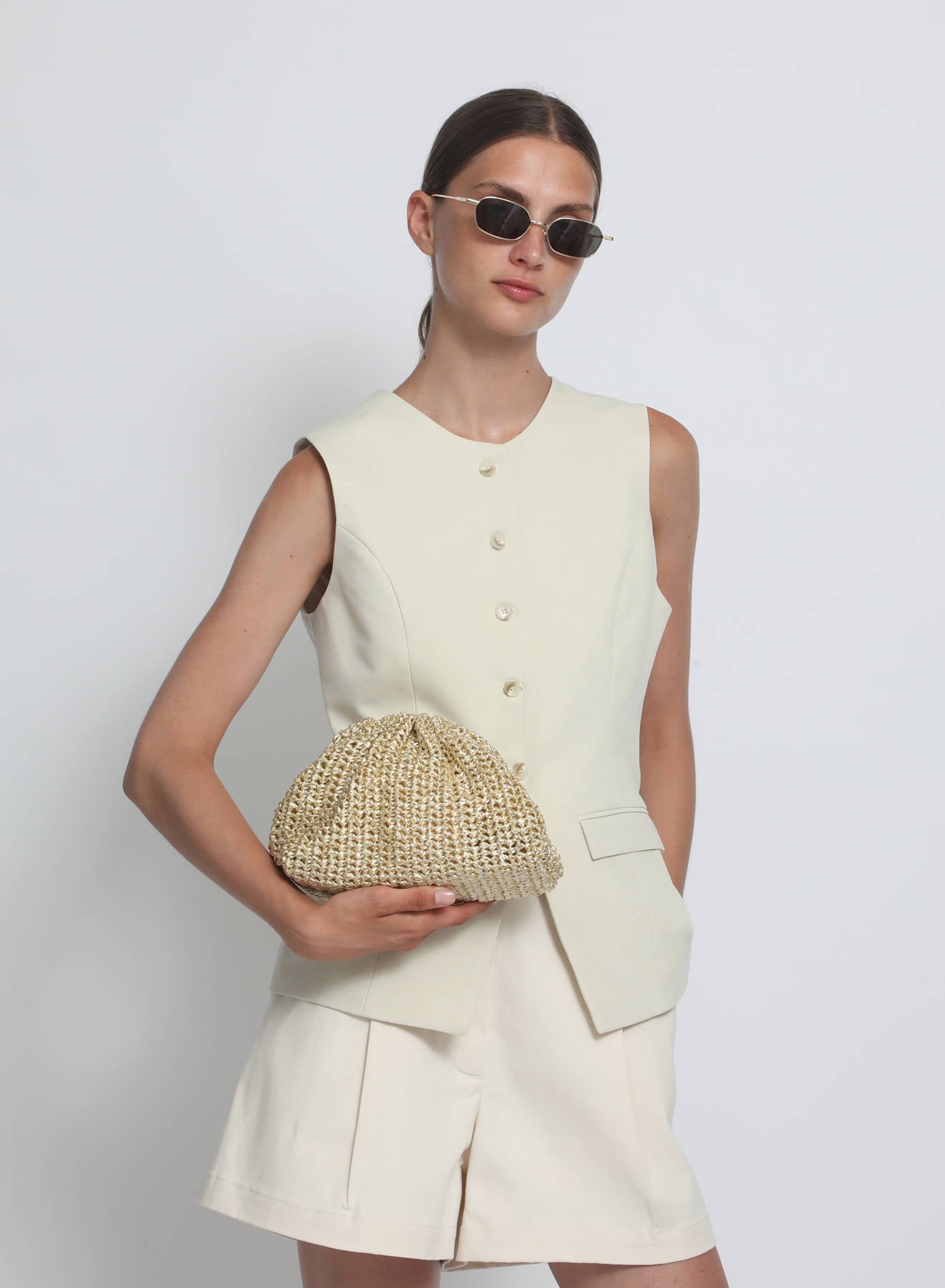 Maria la Rosa Mini Game Bag Crochet Platino Raffia Clutch