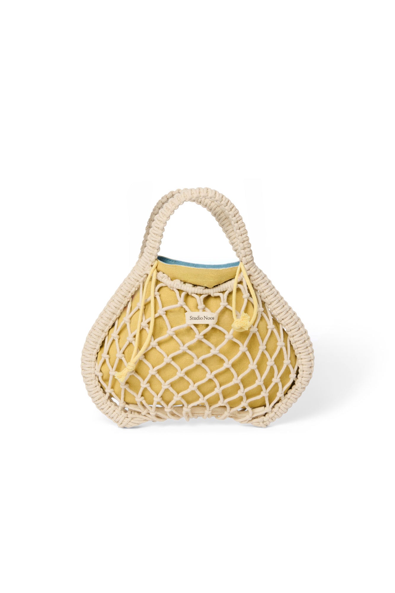 Studio Noos Macramé Mini Handtasche Natur Blau-Gelb Wende-Inlay