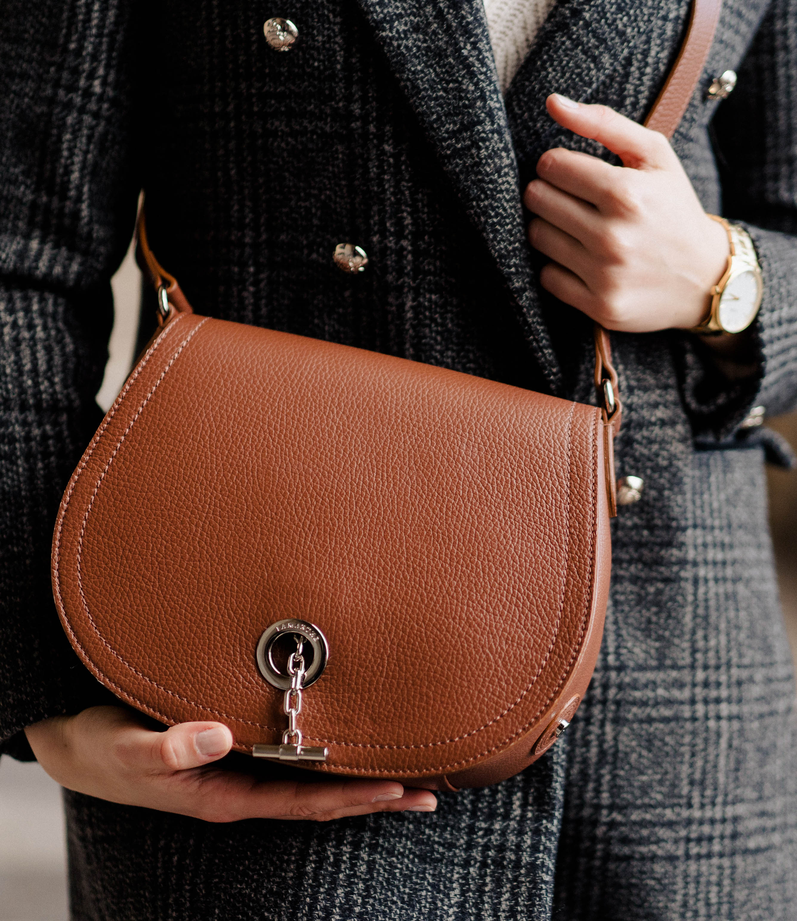 Lamarthe Paris Umhängetasche Cognac Vollleder Kette