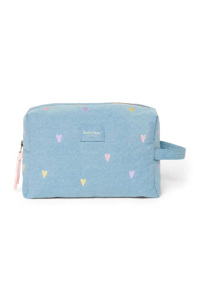 Studio Noos Denim Toiletry Bag Kosmetiktasche Light Blue Hearts