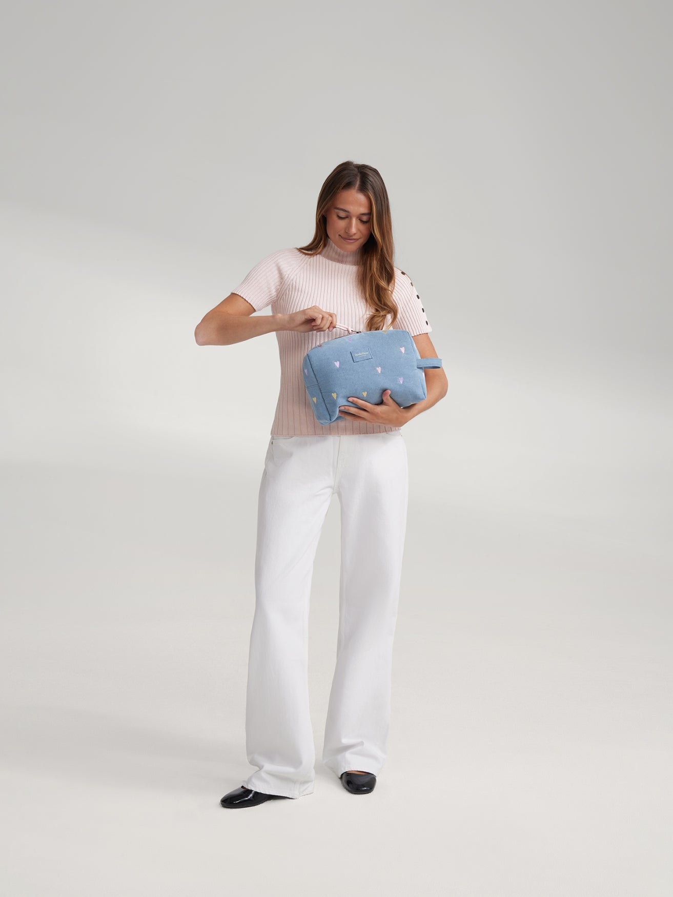 Studio Noos Denim Toiletry Bag Kosmetiktasche Light Blue Hearts