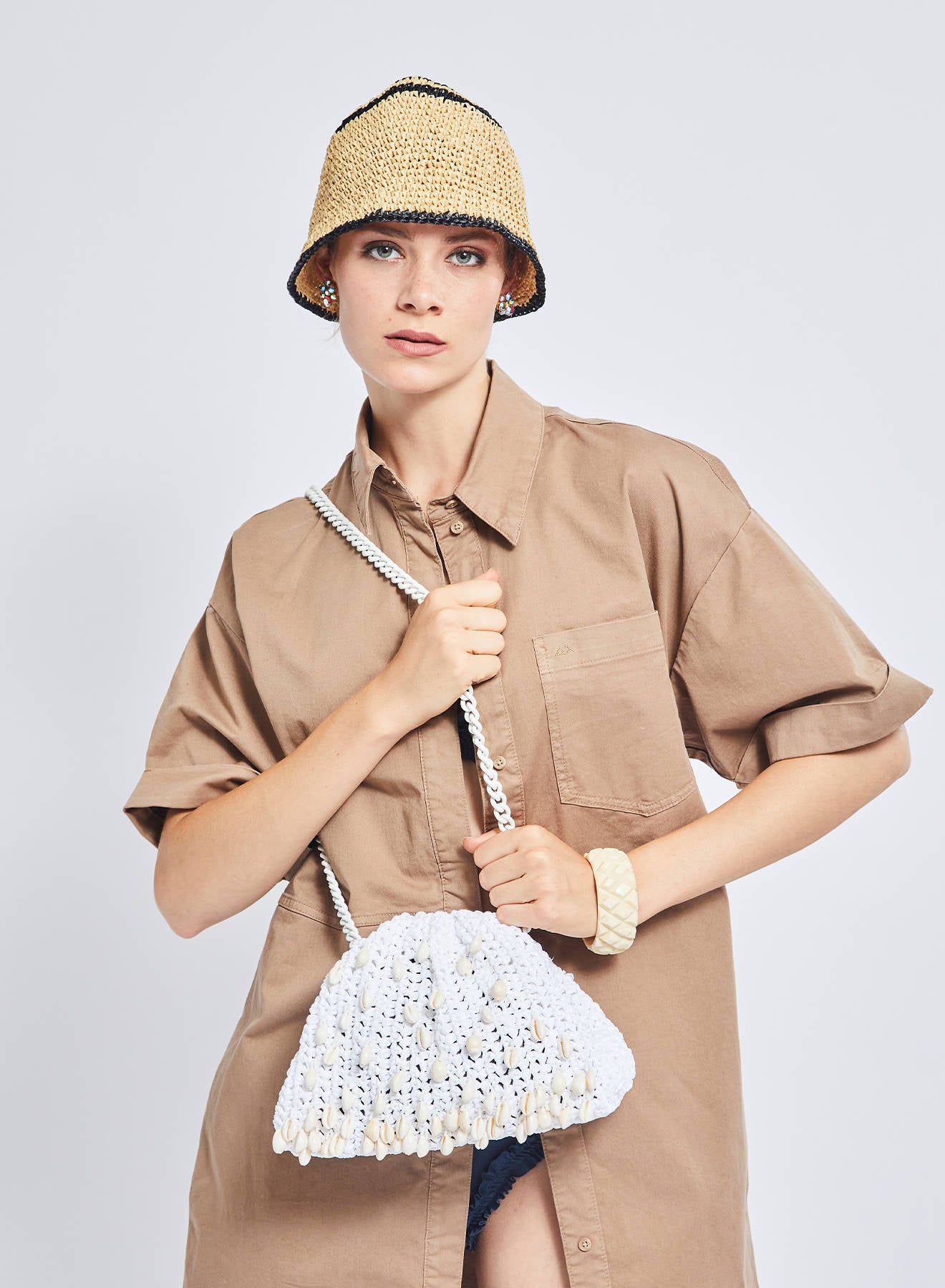 Maria la Rosa Shell Mini Clutch Natural Rafia-Crochet
