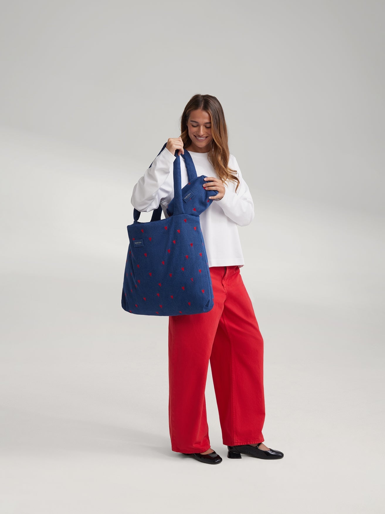 Studio Noos Denim Pouch Täschchen Dark Blue Red Hearts gepolstert