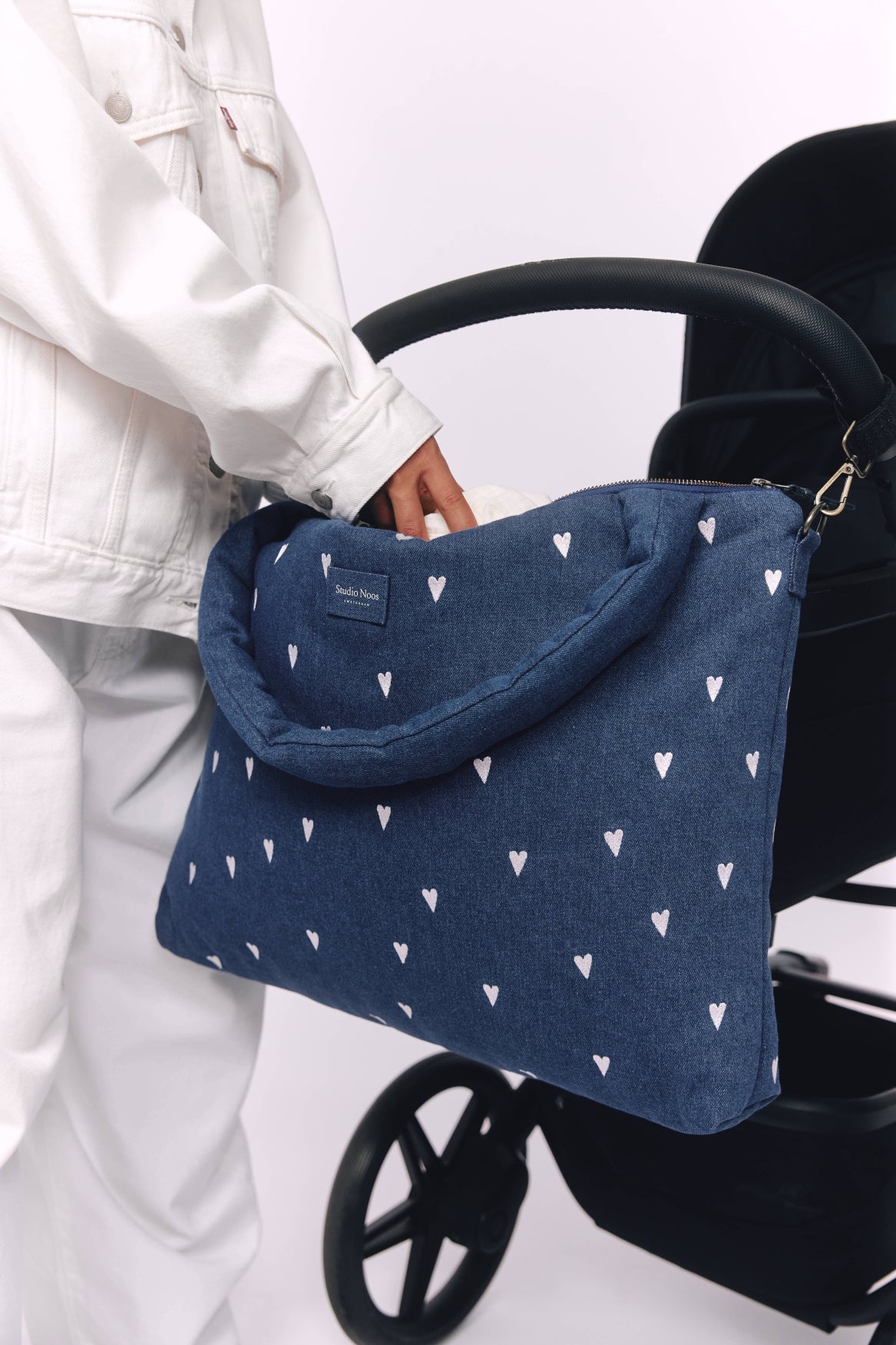 Studio Noos Denim Diaper Bag Wickeltasche Dark Blue Hearts Denim