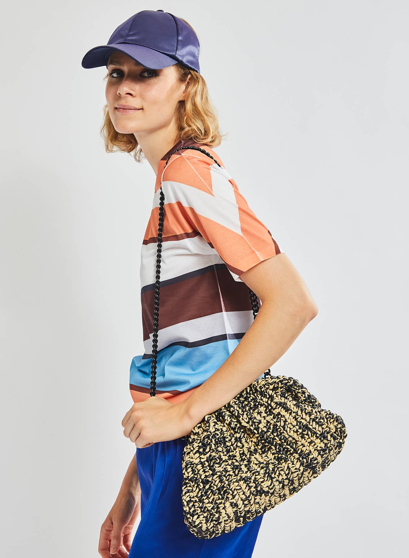 Maria la Rosa Melange Game Bag Crochet Clutch Blau Rafia