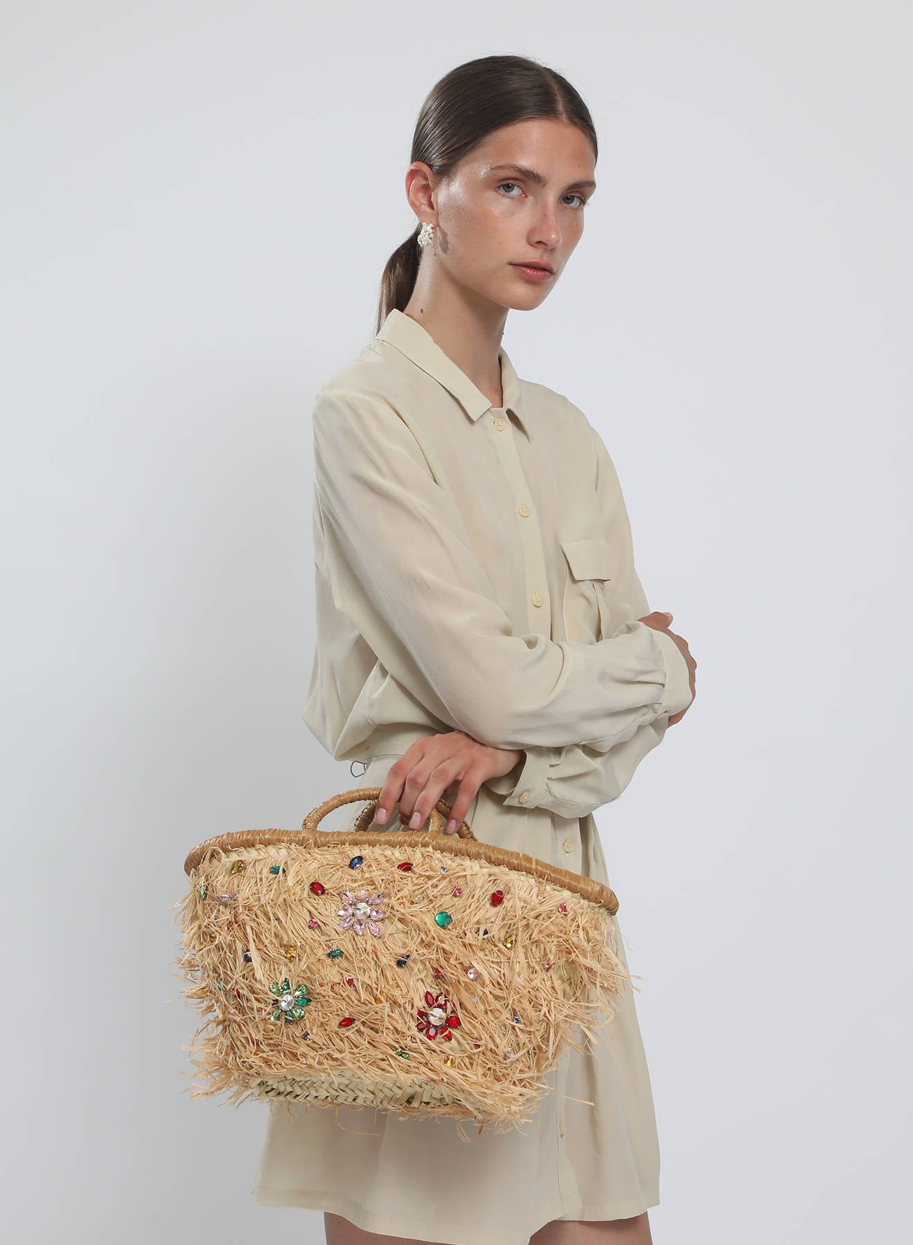 Maria la Rosa Florane Korbtasche Natural Rafia bestickt