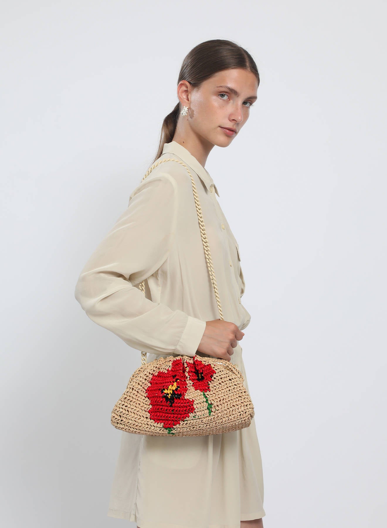 Maria la Rosa Poppy Crochet Clutch Natural Mohn