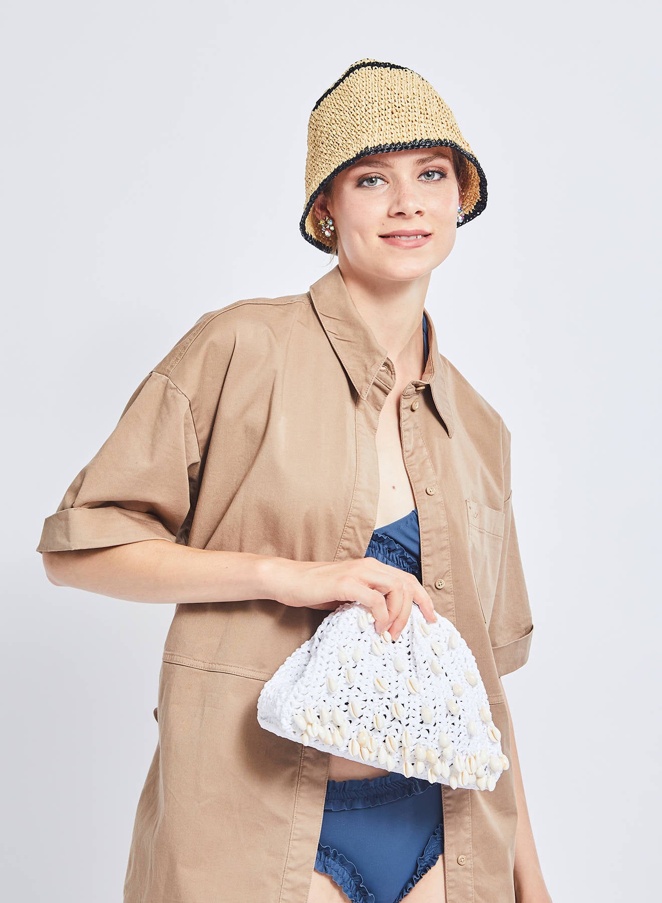 Maria la Rosa Shell Mini Clutch Natural Rafia-Crochet