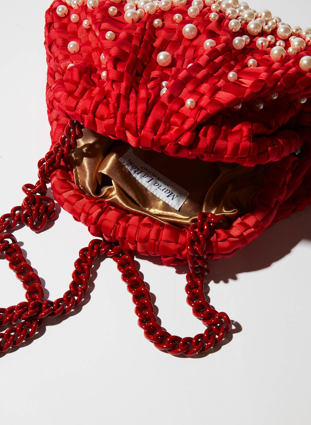 Maria la Rosa Pearl Mini Bag Clutch Rot Bandgewebe