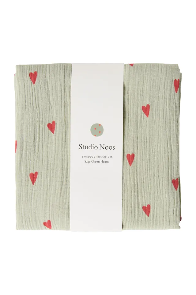 Studio Noos Mulltuch Large Green Hearts Musselin