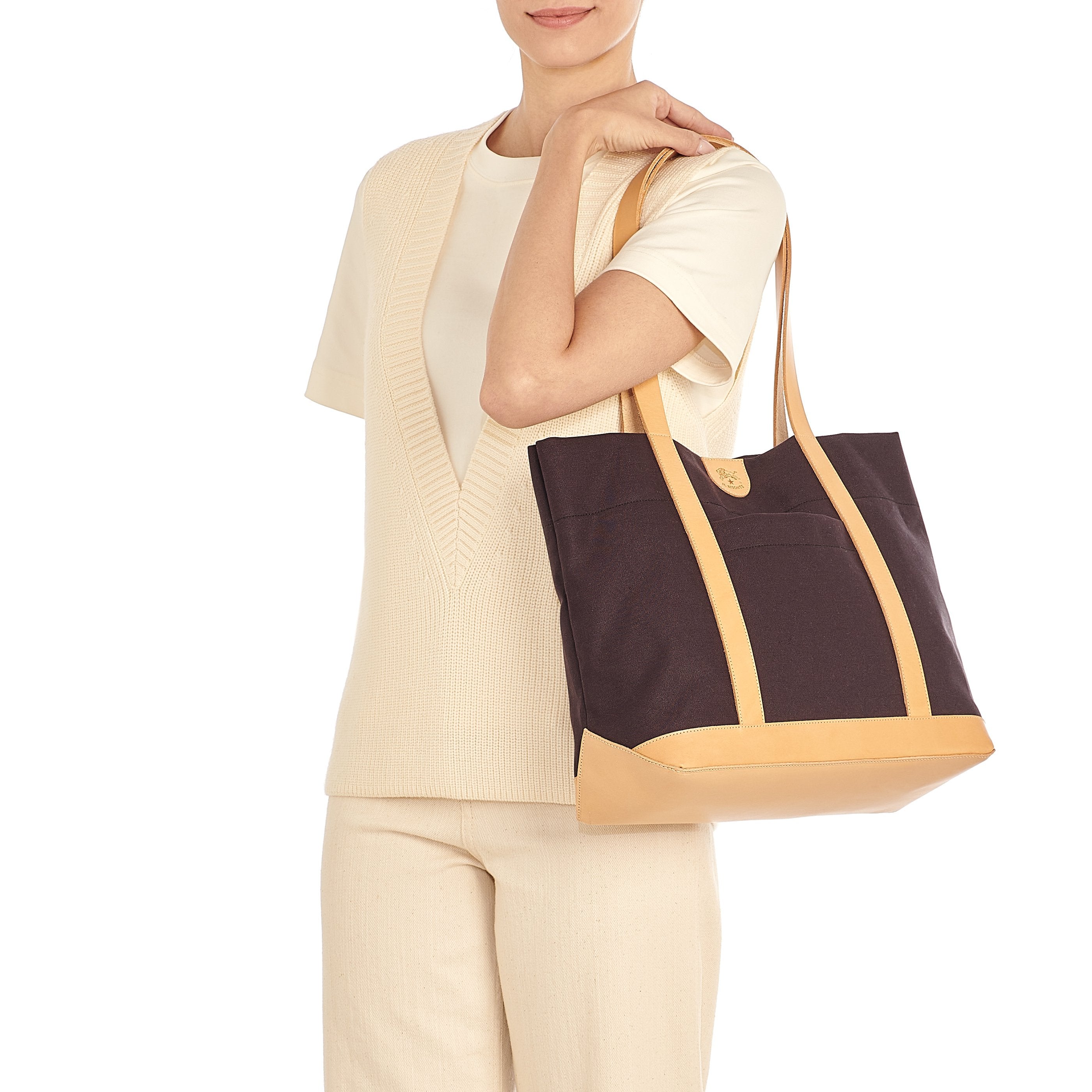 Il Bisonte Schultertasche Stoff Blau Natur Leder
