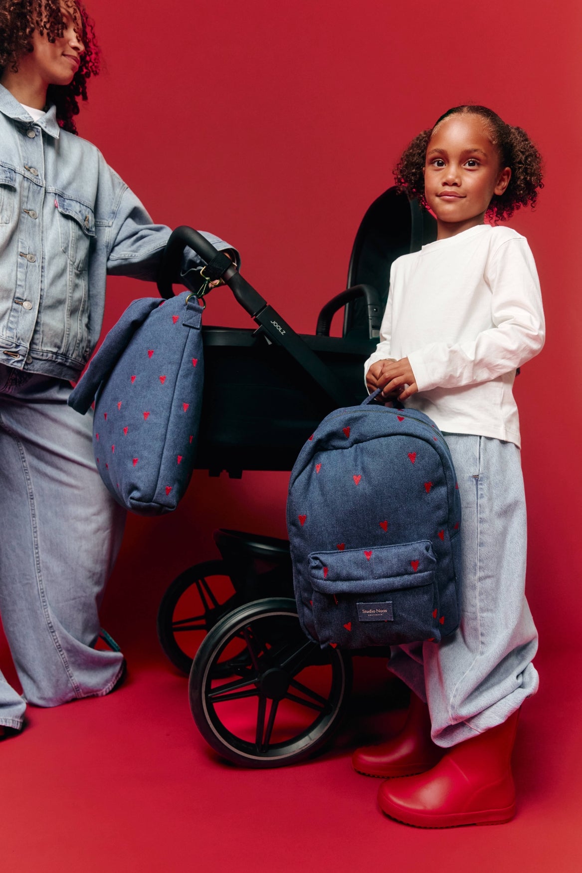 Studio Noos Denim Midi Rucksack Dark Blue Red Hearts Denim