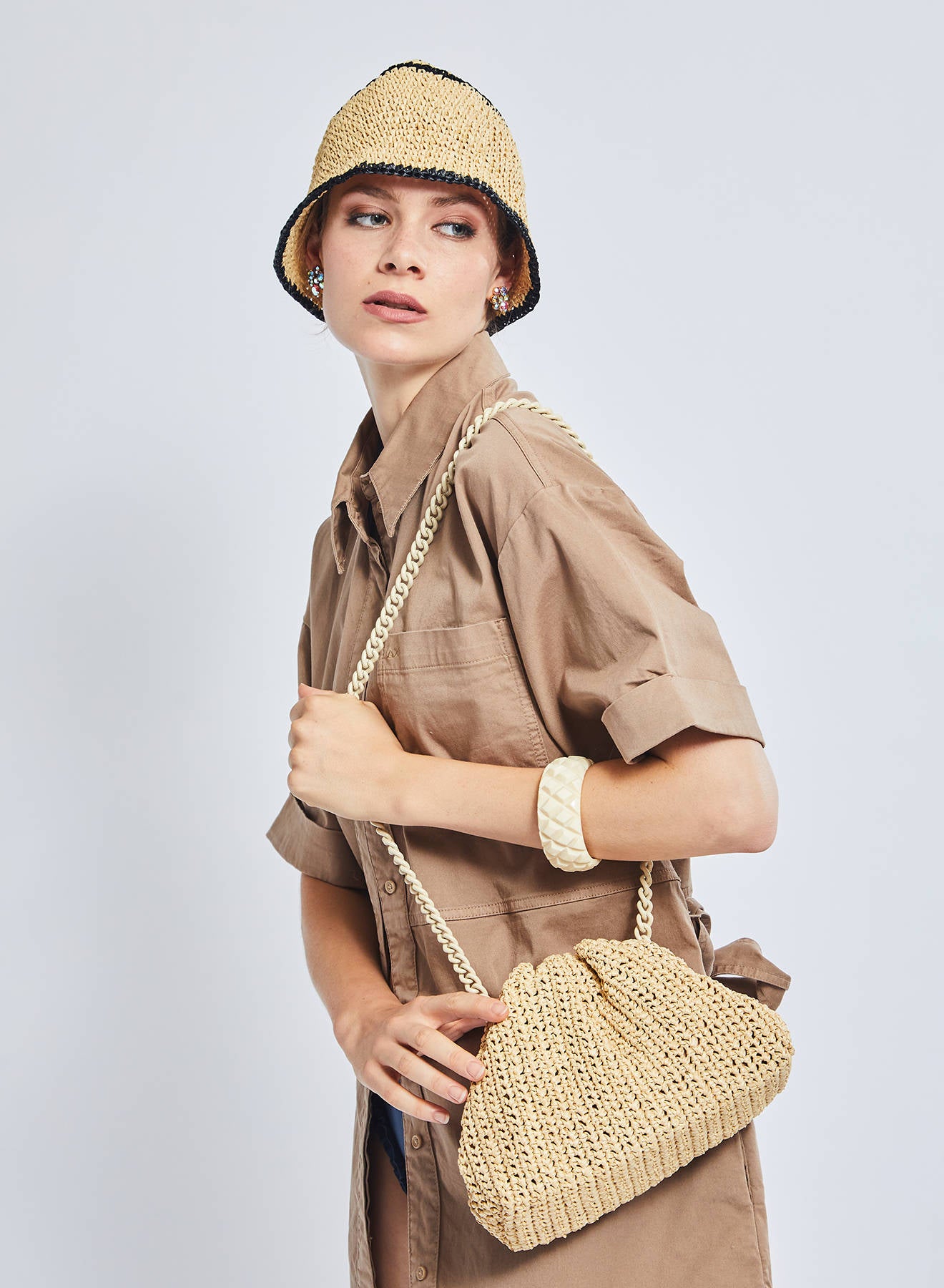 Maria la Rosa Mini Game Bag Crochet Clutch Ecru Raffia