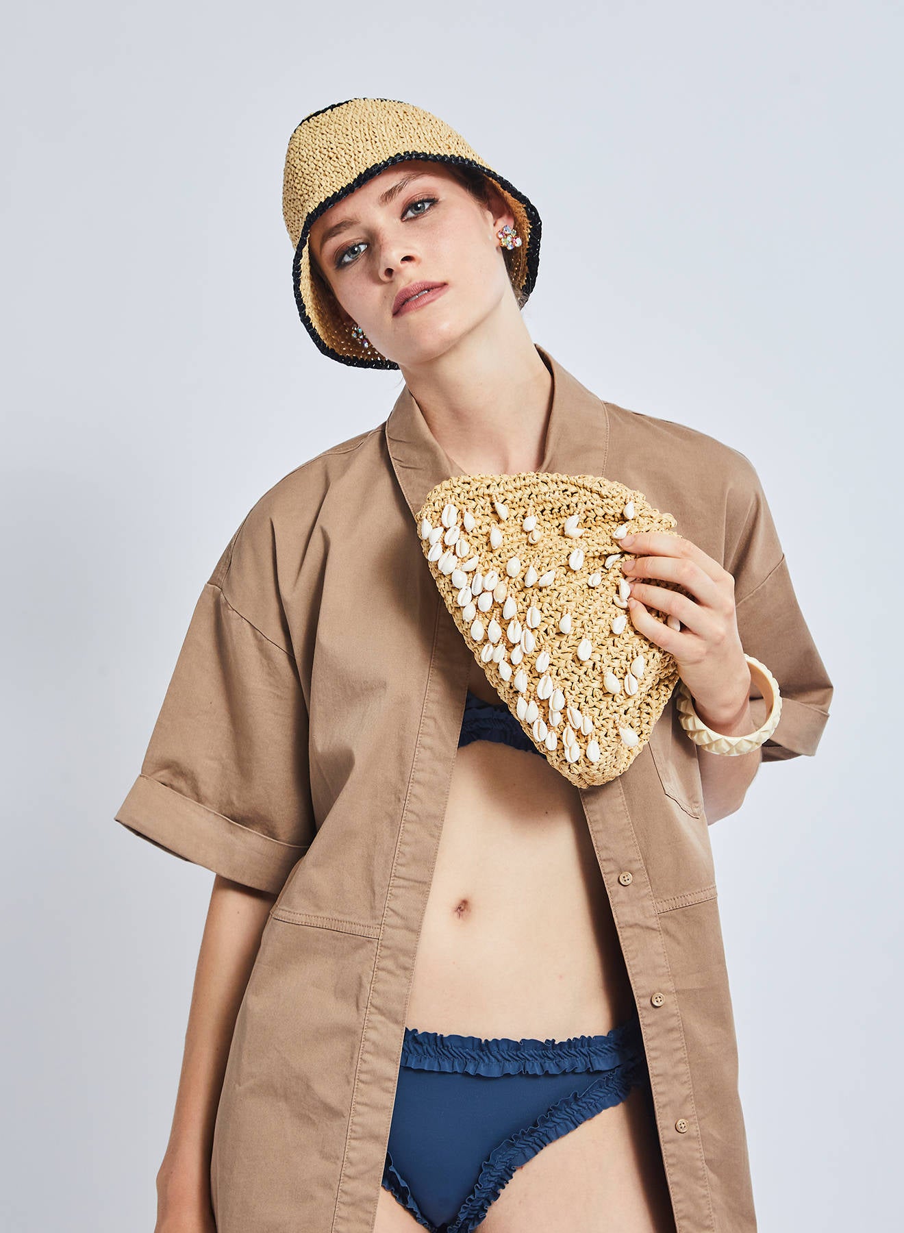 Maria la Rosa Shell Mini Clutch Natural Rafia-Crochet