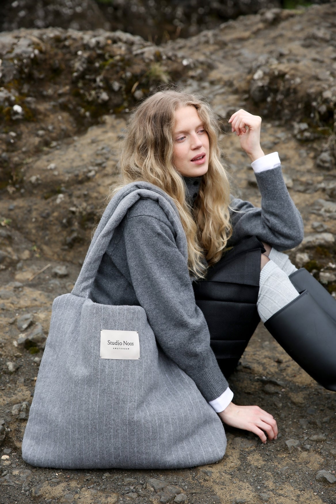 Studio Noos Flannel Chalkstripe Mom Bag Wickeltasche Grau