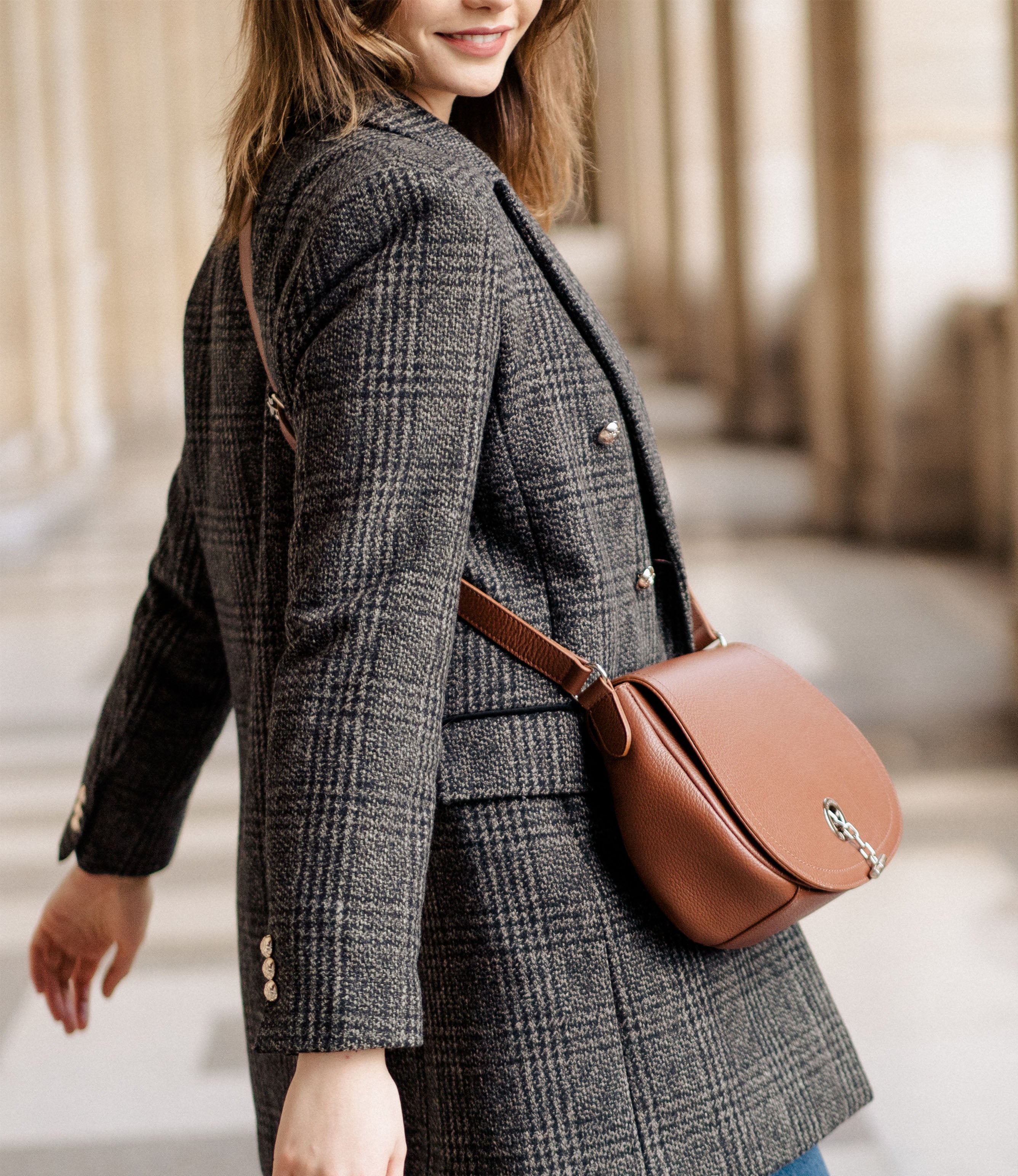 Lamarthe Paris Umhängetasche Cognac Vollleder Kette
