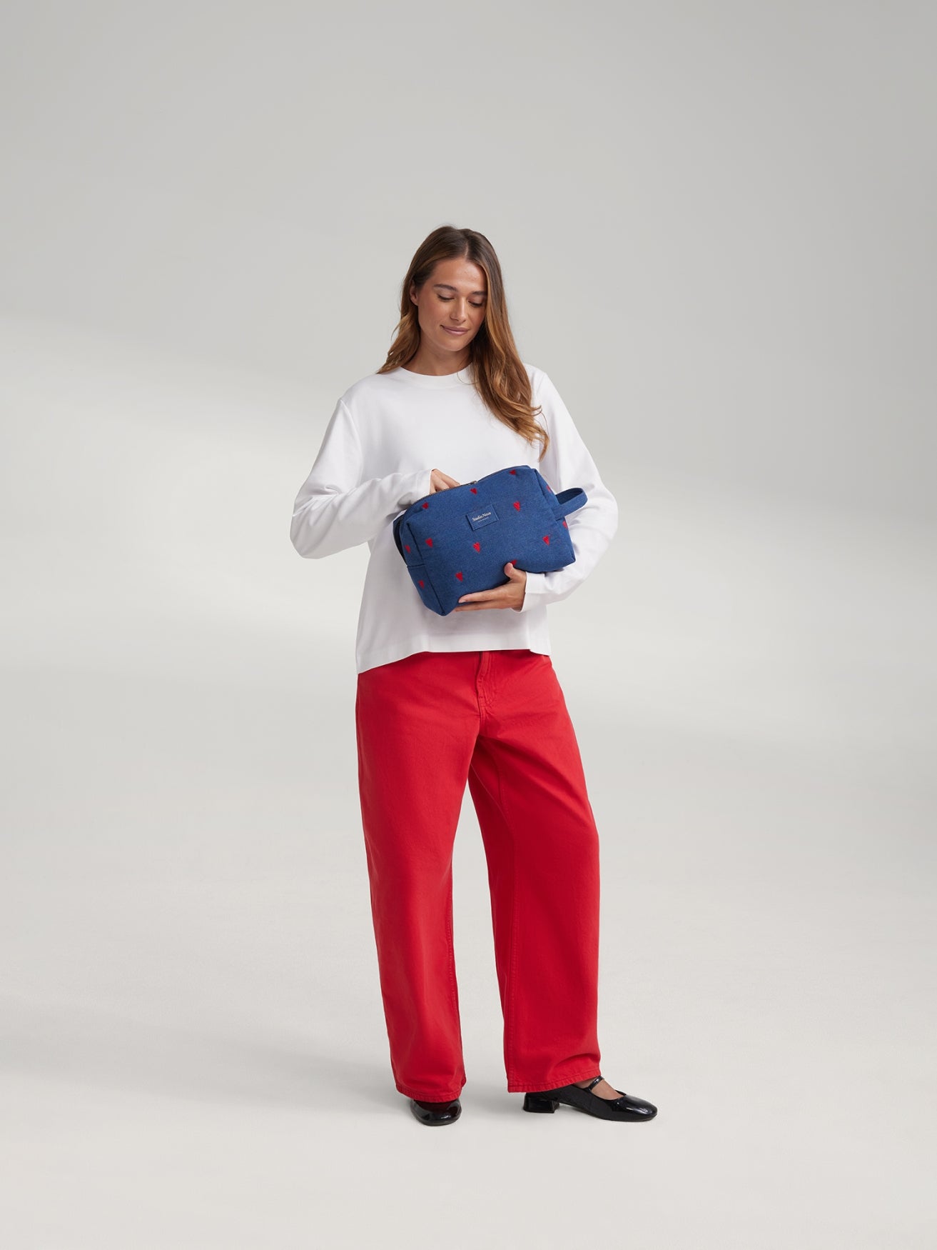 Studio Noos Denim Toiletry Bag Kulturtasche Dunkelblau Rot